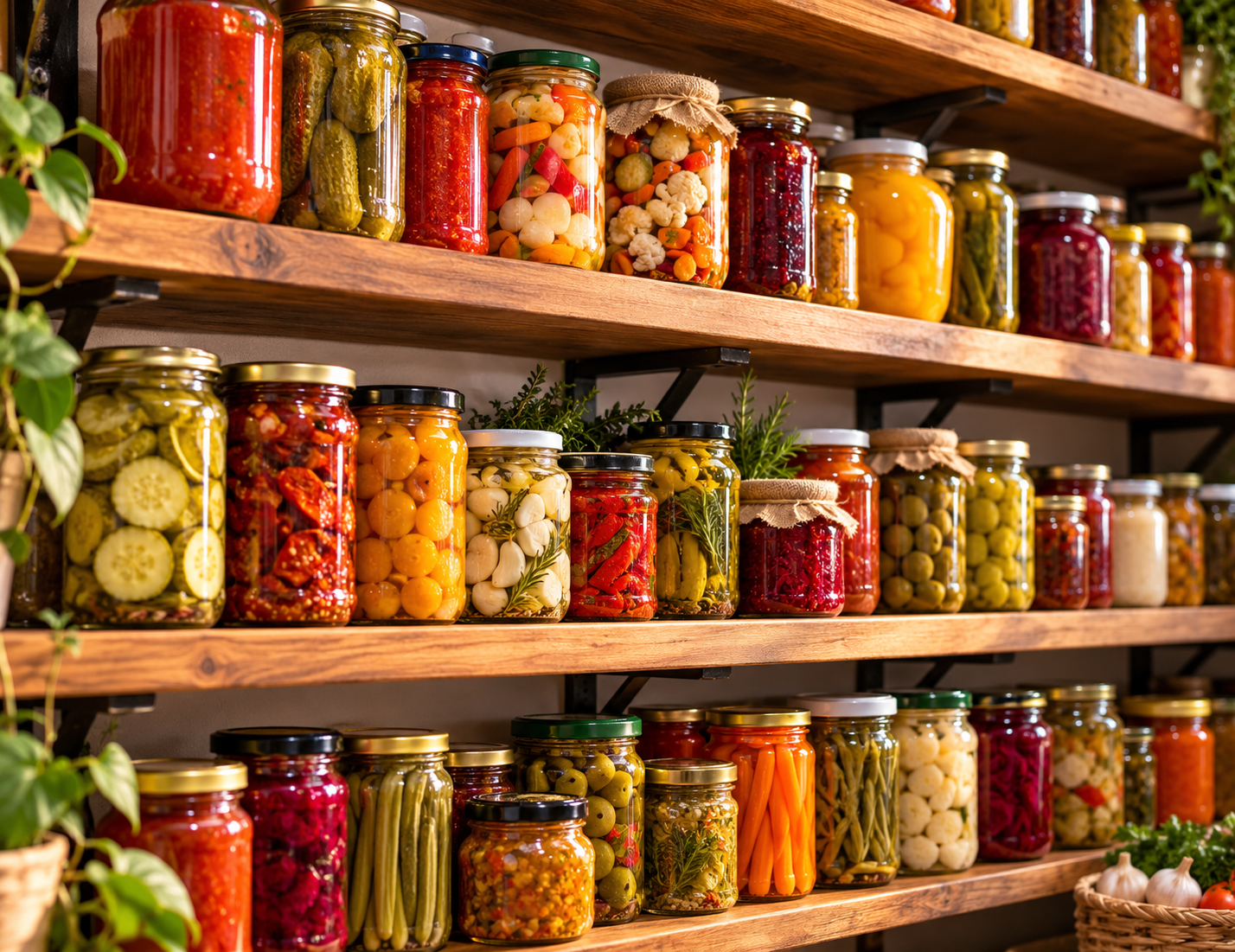 Prateleiras de despensa com dezenas de potes de conservas caseiras organizados: pepinos, tomates e legumes